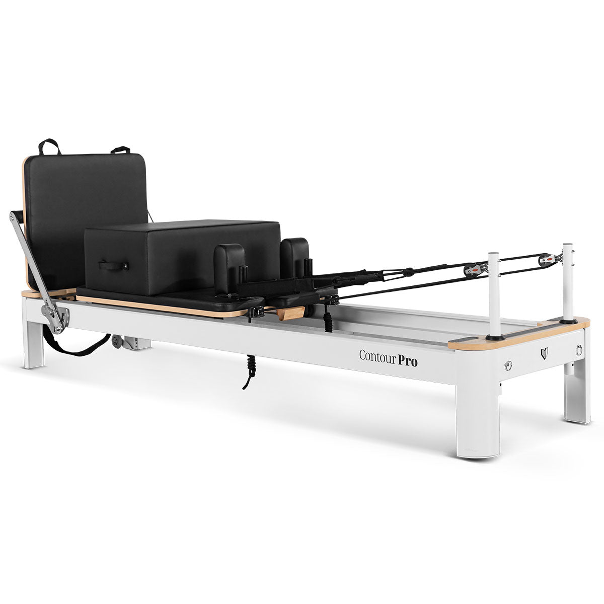 Contour Pro aluminium Pilates reformer with black carriage, box and upright jumpboard